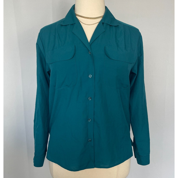Vintage Blouse Top Size 14 Teal Blue Minimal Long Sleeve Button Office 80s 90s - Picture 1 of 11